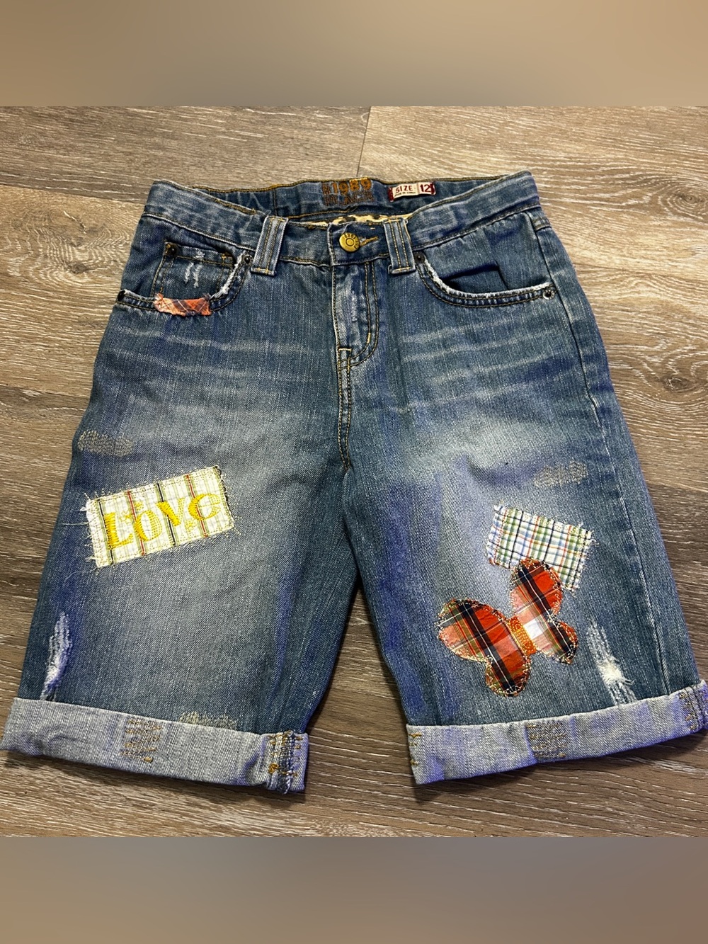 1989 Place Patchwork Denim Shorts Size 12 •Upcycled Distressed Jean Shorts •